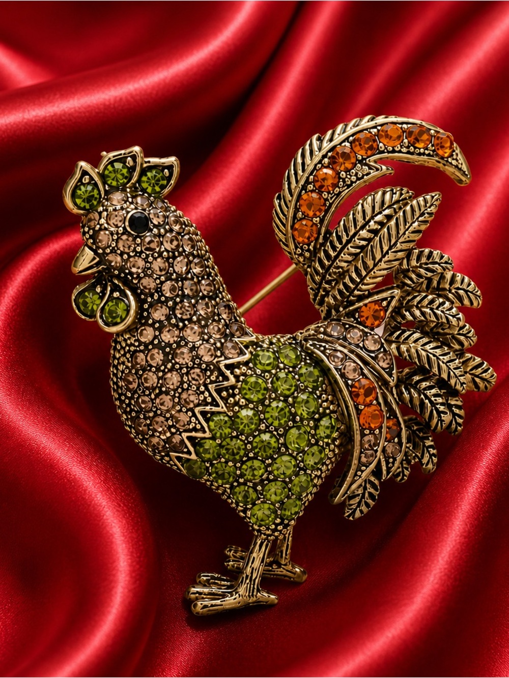 Hazel Crystal Rooster Gold Brooch